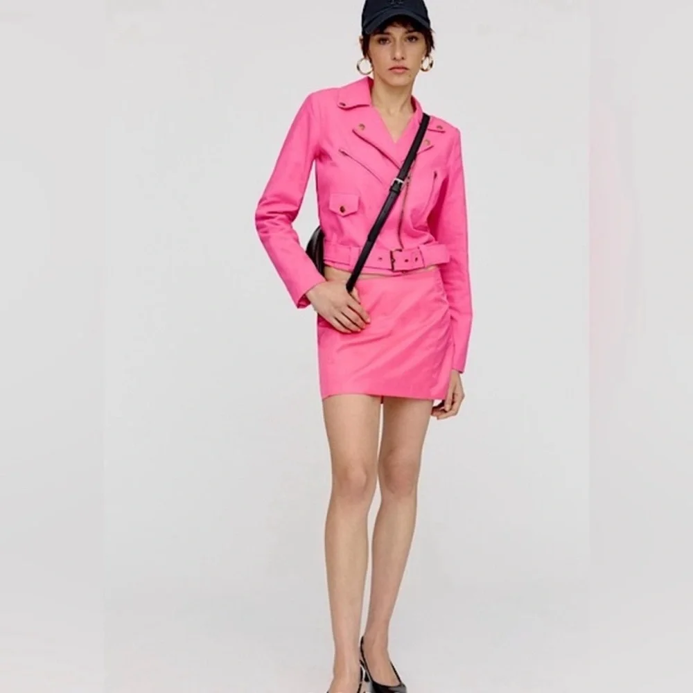 DOLAN for Anthropologie Cropped Linen Slim Moto Jacket in‎ Hot Pink.